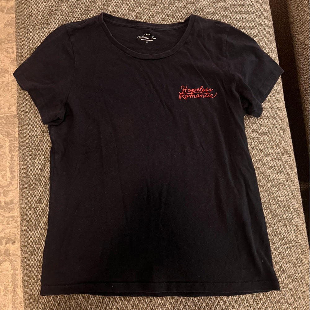 Navy J Crew T shirt with Hopeless Romantic embroidery